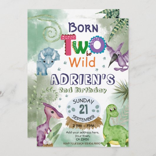 2つの野生の恐竜テーマ誕生日パーティインビ 招待状 (正面/裏面)