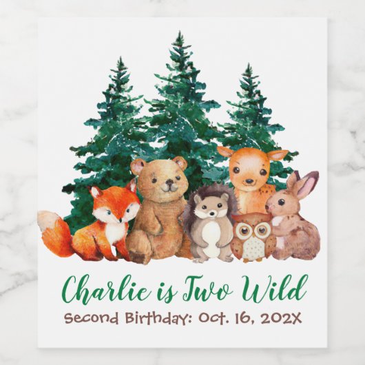 2つの野生の森林の動物第2誕生日 ワインラベル (シングルラベル)