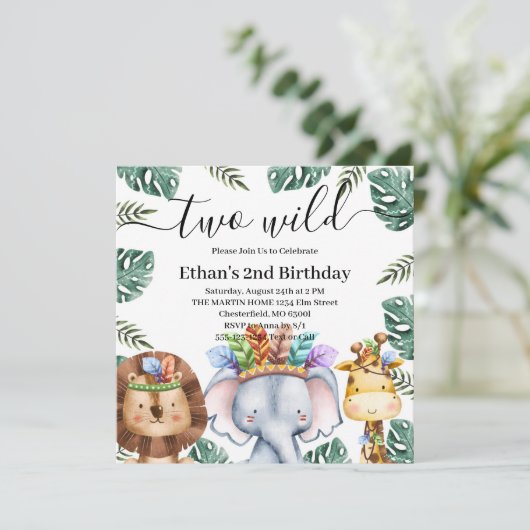 2つの野生の森林動物の森2番目の誕生日インビ 招待状 (スタンド正面)