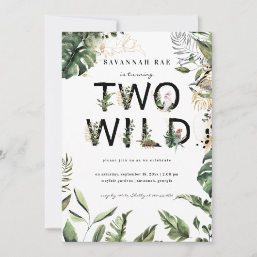 2つの野生の熱帯の緑2番目の誕生日 招待状 (正面)