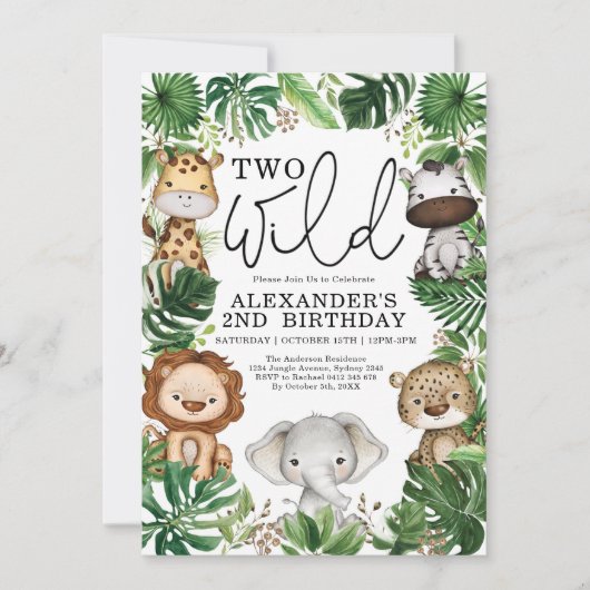 2つの野生の熱帯サファリ動物の第2バースデーボーイ 招待状 (正面)