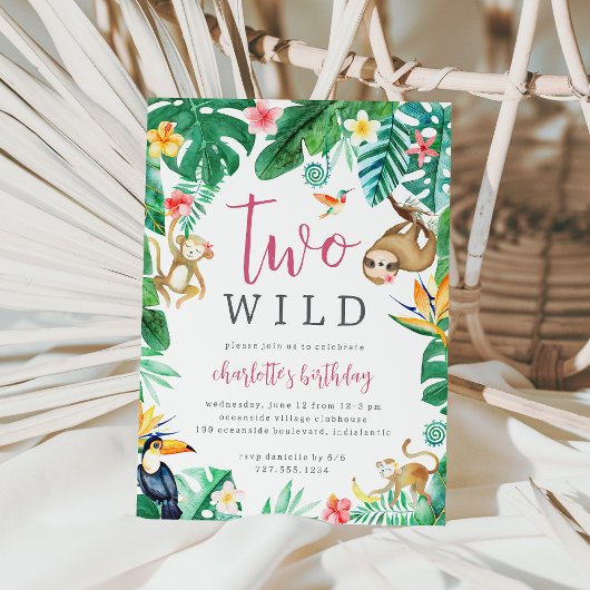 2つの野生の熱帯ジャングル動物2日の誕生日 招待状
