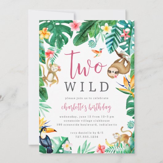 2つの野生の熱帯ジャングル動物2日の誕生日 招待状 (正面)