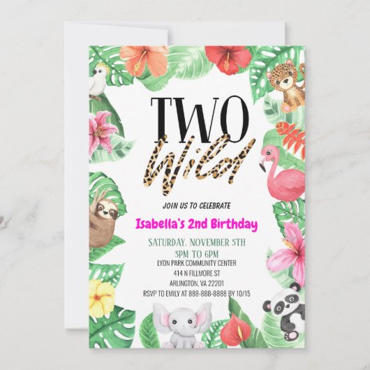 2つの野生の熱帯動物2nd誕生日パーティー 招待状 (正面)