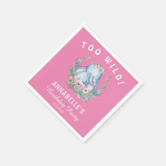 2つの野生の熱帯象ピンクの誕生日パーティー スタンダードカクテルナプキン (角)