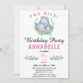 2つの野生の熱帯象ピンクの誕生日パーティー 招待状 (正面)