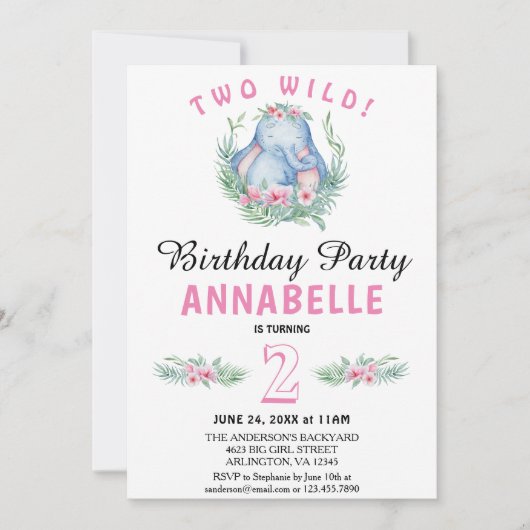 2つの野生の熱帯象ピンクの誕生日パーティー 招待状 (正面)