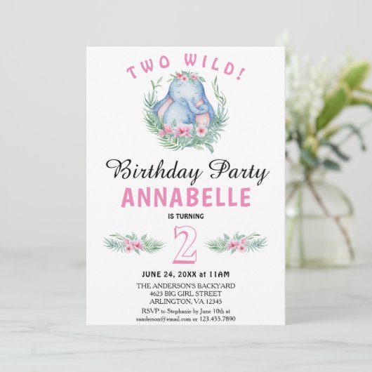 2つの野生の熱帯象ピンクの誕生日パーティー 招待状 (スタンド正面)