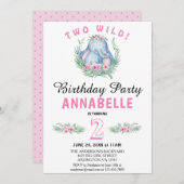 2つの野生の熱帯象ピンクの誕生日パーティー 招待状 (正面/裏面)