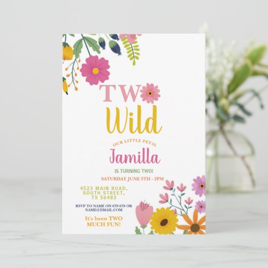 2つの野生の花誕生日2番目のパーティー花びら女の子 招待状 (スタンド正面)
