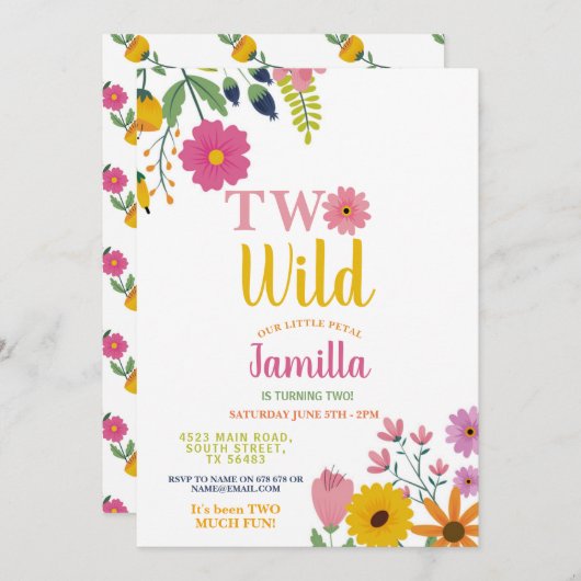 2つの野生の花誕生日2番目のパーティー花びら女の子 招待状 (正面/裏面)
