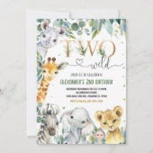 2つの野生の誕生日第2金ゴールドジャングル動物 招待状 (正面)