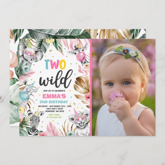 2つの野生の誕生日金ゴールドサファリジャングル動物パーティー 招待状 (正面/裏面)