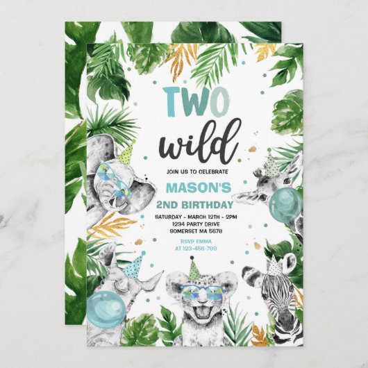 2つの野生の誕生日金ゴールドサファリジャングル動物パーティー 招待状 (正面/裏面)