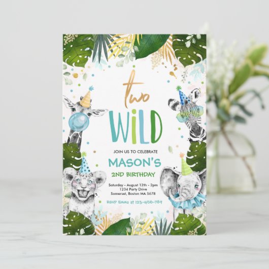 2つの野生の誕生日金ゴールドサファリジャングル動物パーティー 招待状 (スタンド正面)