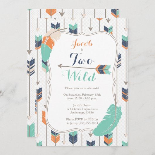2つの野生の部族の矢の誕生日パーティブルーグリーン 招待状 (正面/裏面)