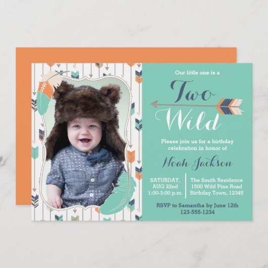 2つの野生の部族の第2誕生日写真招待状 招待状 (正面/裏面)