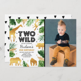 2つの野生の2歳の誕生日パーティーサファリ動物パーティー 招待状