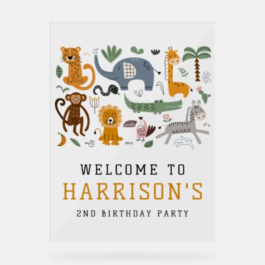 2つの野生の2番目の誕生日サファリ動物の子供たちを歓迎 アクリルサイン (正面)