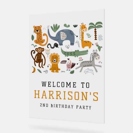 2つの野生の2番目の誕生日サファリ動物の子供たちを歓迎 アクリルサイン (傾斜)