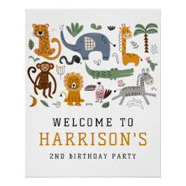 2つの野生の2番目の誕生日サファリ動物の子供たちを歓迎 ポスター