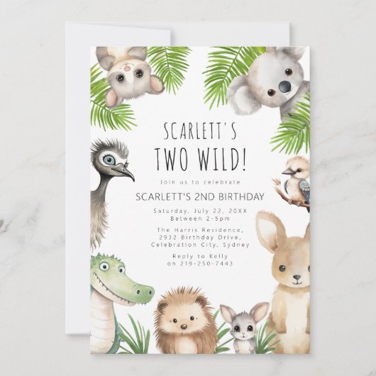 2つの野生オーストラリアの動物の誕生日パーティー 招待状 (正面)