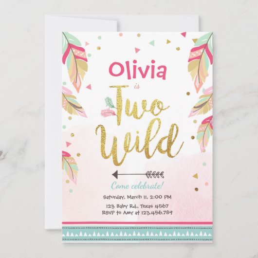 2つの野生パーティの招待状2nd誕生日ガールボホ 招待状 (正面)