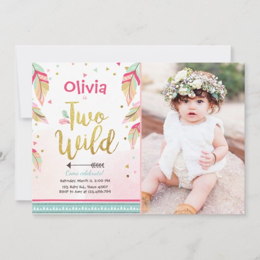 2つの野生パーティの招待状2nd誕生日ガールボホ 招待状 (正面)