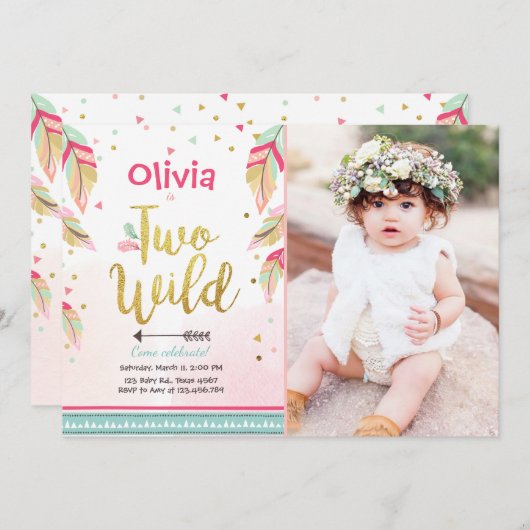 2つの野生パーティの招待状2nd誕生日ガールボホ 招待状 (正面/裏面)