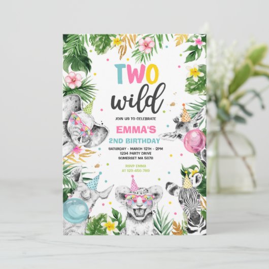 2つの野生誕生日金ゴールドサファリジャングル動物パーティー 招待状 (スタンド正面)