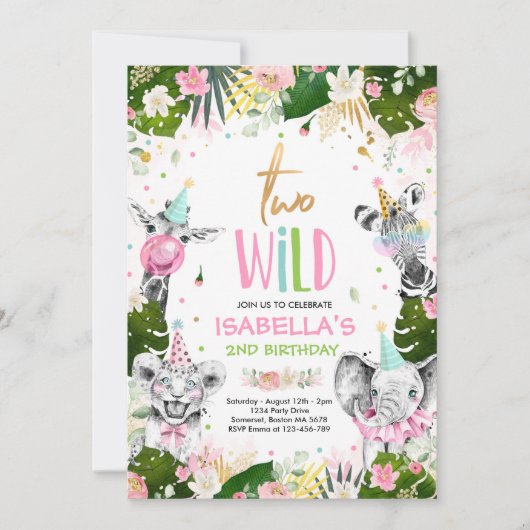 2つの野生誕生日金ゴールドサファリジャングル動物パーティー 招待状 (正面)