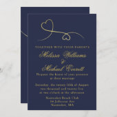 2つの金ゴールドハート |ネイビーブルー結婚式招待状 招待状 (正面/裏面)