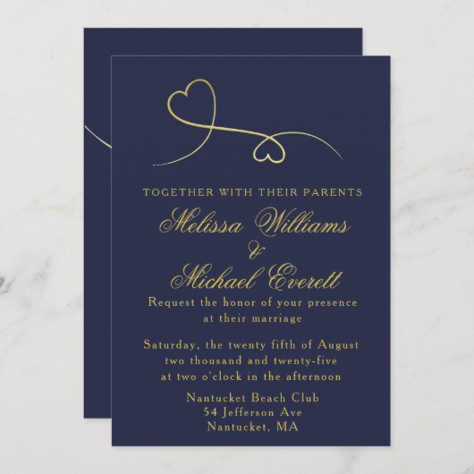 2つの金ゴールドハート |ネイビーブルー結婚式招待状 招待状 (正面/裏面)