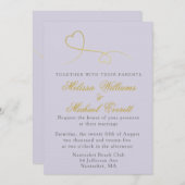 2つの金ゴールドハート |ラベンダー結婚式招待状 招待状 (正面/裏面)