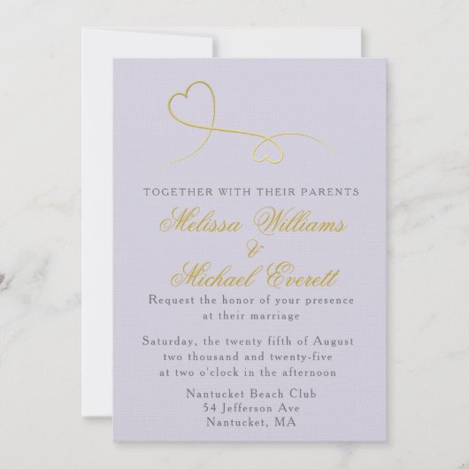 2つの金ゴールドハート |ラベンダー結婚式招待状 招待状 (正面)