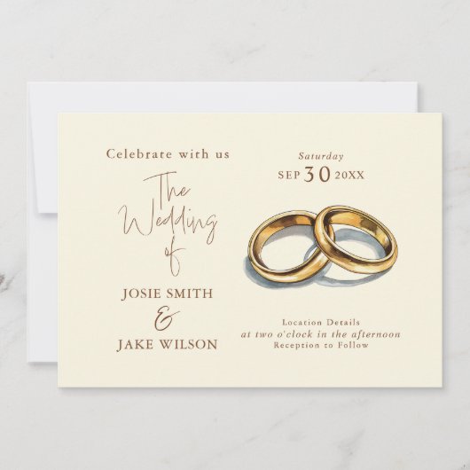 2つの金ゴールド結婚のリングのイラストレーション結婚 招待状 (正面)