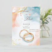 2つの金ゴールド結婚のリングや輪洗練された日付を保存 招待状 (スタンド正面)