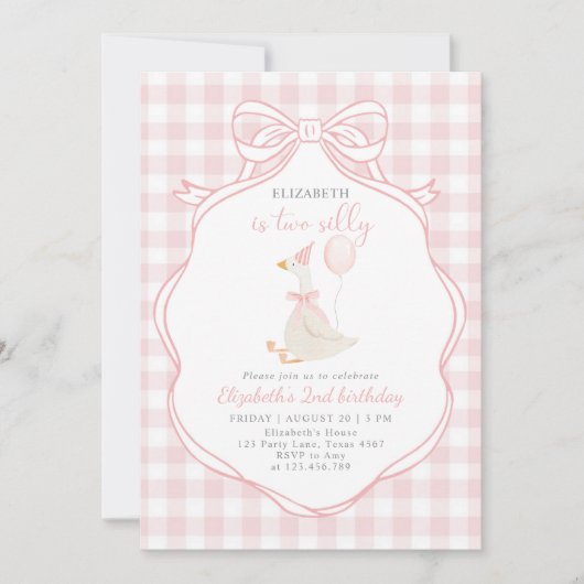 2つの間抜けグースガールピンクボウ2nd誕生日 招待状 (正面)