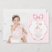 2つの間抜けグースピンクボウ女の子2nd誕生日の写真 招待状 (正面)