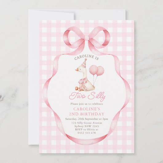 2つの間抜けグースピンクボウ女の子2nd誕生日 招待状 (正面)