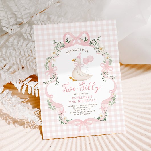 2つの間抜けグースピンクボウ女の子2nd誕生日 招待状