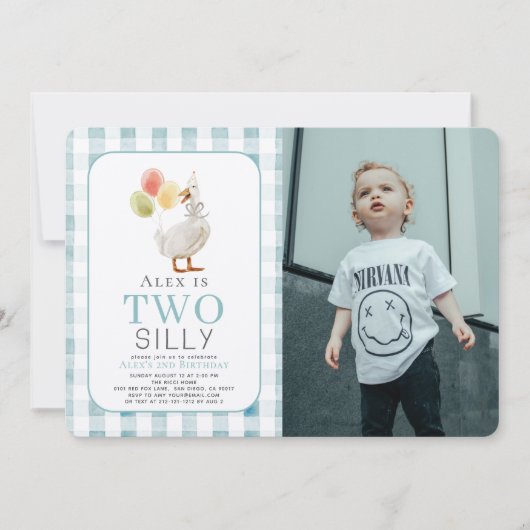 2つの間抜けグースブルーギンガムボーイ2nd誕生日 招待状 (正面)