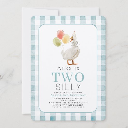 2つの間抜けグースブルーギンガムボーイ2nd誕生日 招待状 (正面)