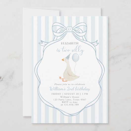 2つの間抜けグースボーイブルーボウ2nd誕生日 招待状 (正面)