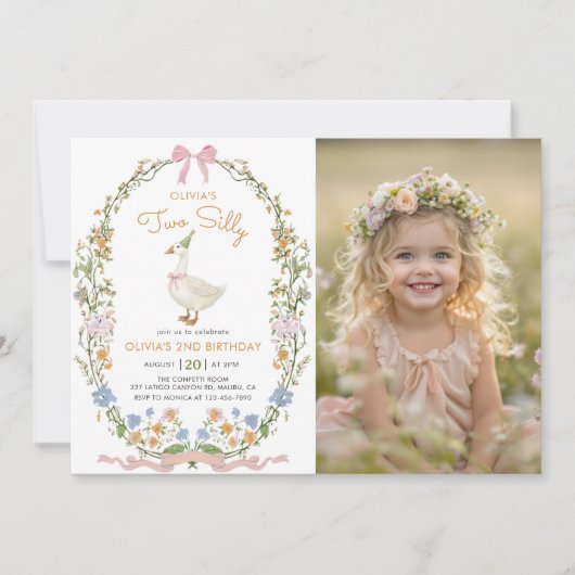 2つの間抜けグースワイルドフラワー2nd誕生日の写真 招待状 (正面)