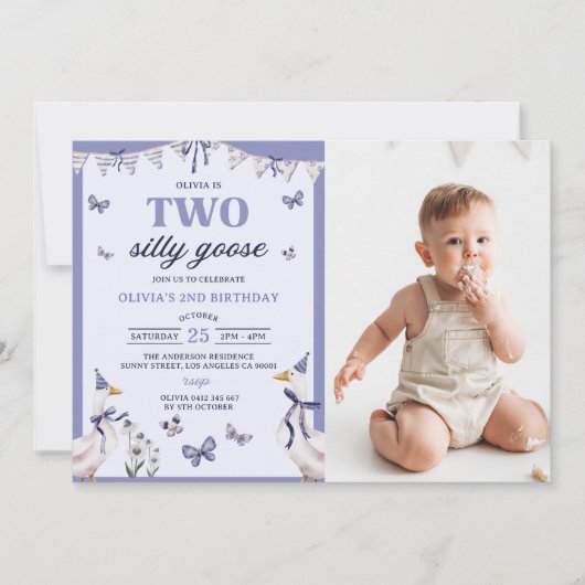 2つの間抜けグース2番目の誕生日パーティー写真 招待状 (正面)