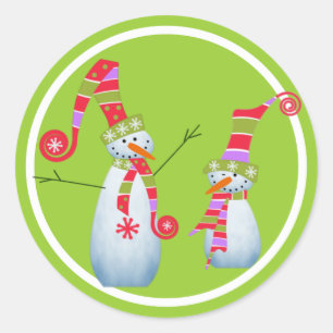 2つの雪だるまとライムグリーンの円 ラウンドシール