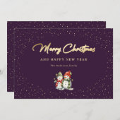 2つの雪だるま紫と金ゴールド雪 シーズンカード (正面/裏面)