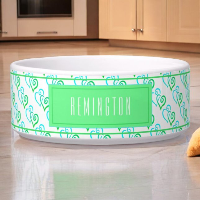 2つの青い緑のリンクされたハートパターンカスタム ボウル (custom pet bowl front green linked hearts)