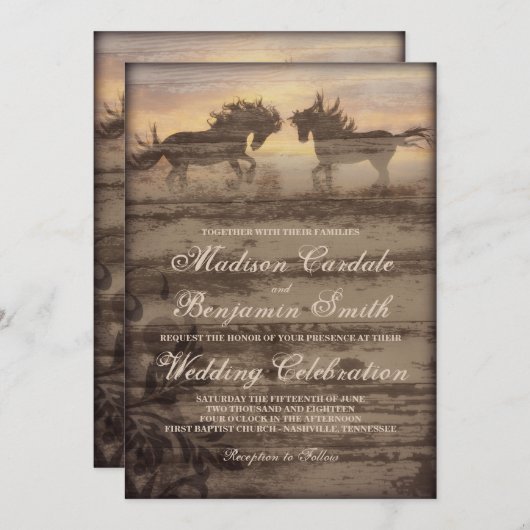 2つの馬の国素朴西部の結婚式の招待 招待状 (正面/裏面)